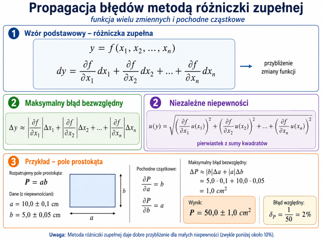 Infografika przedstawiająca propagację błędów funkcji wielu zmiennych za pomocą różniczki zupełnej, pochodnych cząstkowych i przykładu pola prostokąta