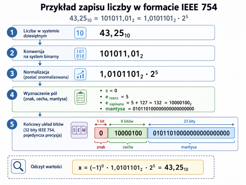 Schemat konwersji liczby 43,25 na system binarny, normalizacji zapisu oraz wyznaczenia bitu znaku, cechy i mantysy w formacie IEEE 754.