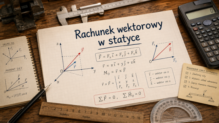 Kartki z rozpisanymi wektorami, siłami i momentami na biurku inżynierskim