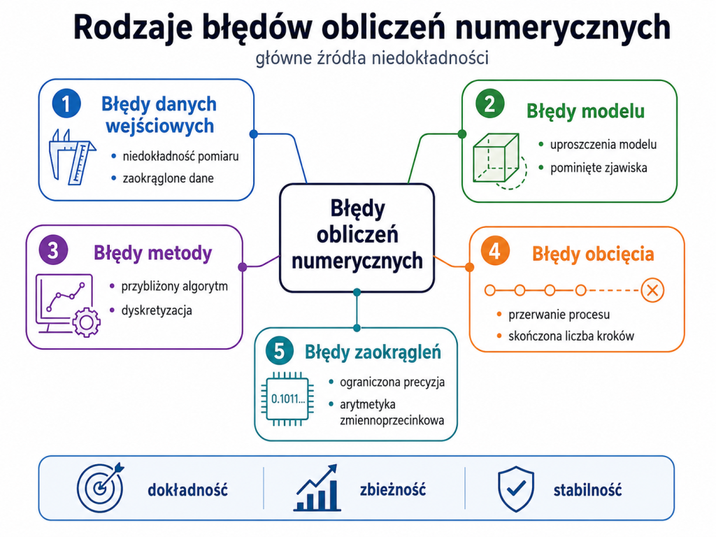 Infografika przedstawiająca błędy danych wejściowych, błędy modelu, metody, obcięcia i zaokrągleń jako główne źródła niedokładności obliczeń numerycznych
