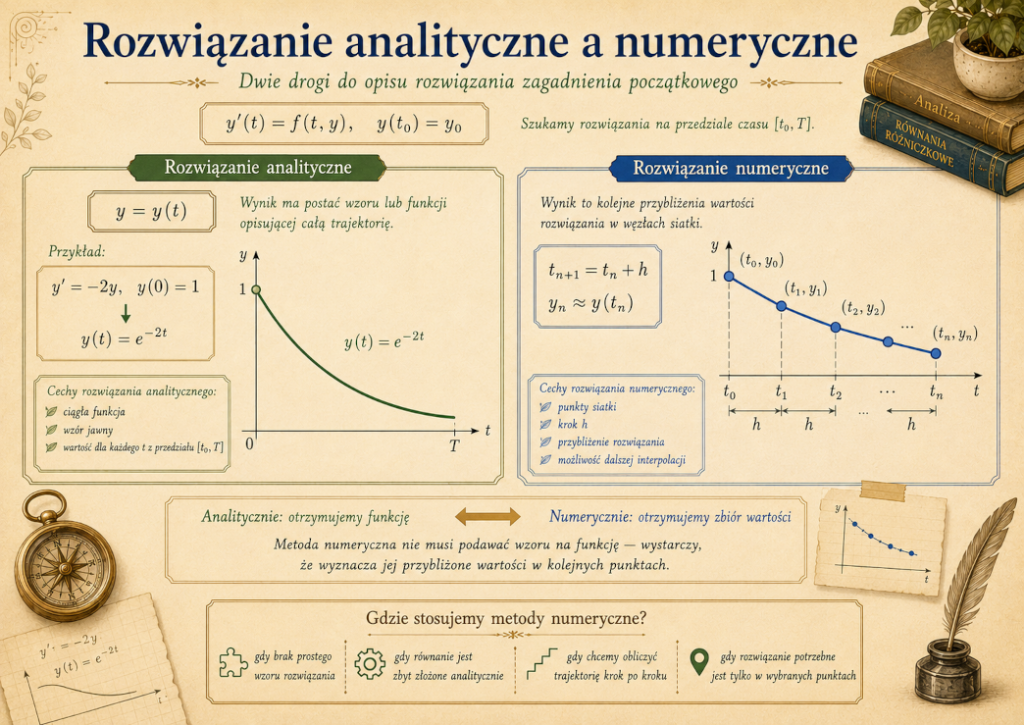 Porównanie rozwiązania analitycznego w postaci funkcji y(t) z rozwiązaniem numerycznym będącym zbiorem kolejnych punktów (tn, yn).
