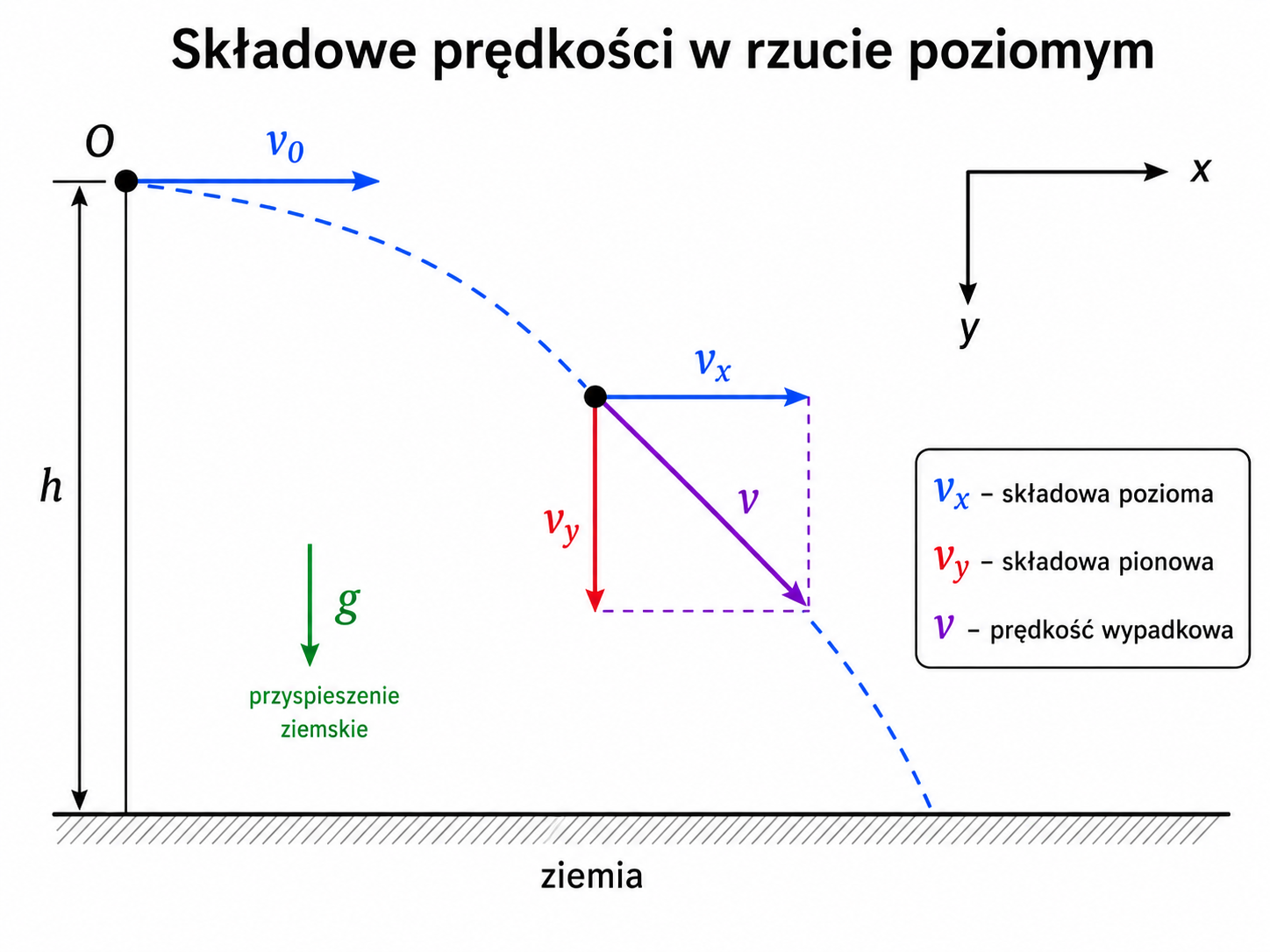 Rozkład prędkości ciała w rzucie poziomym na składową poziomą, pionową i prędkość wypadkową