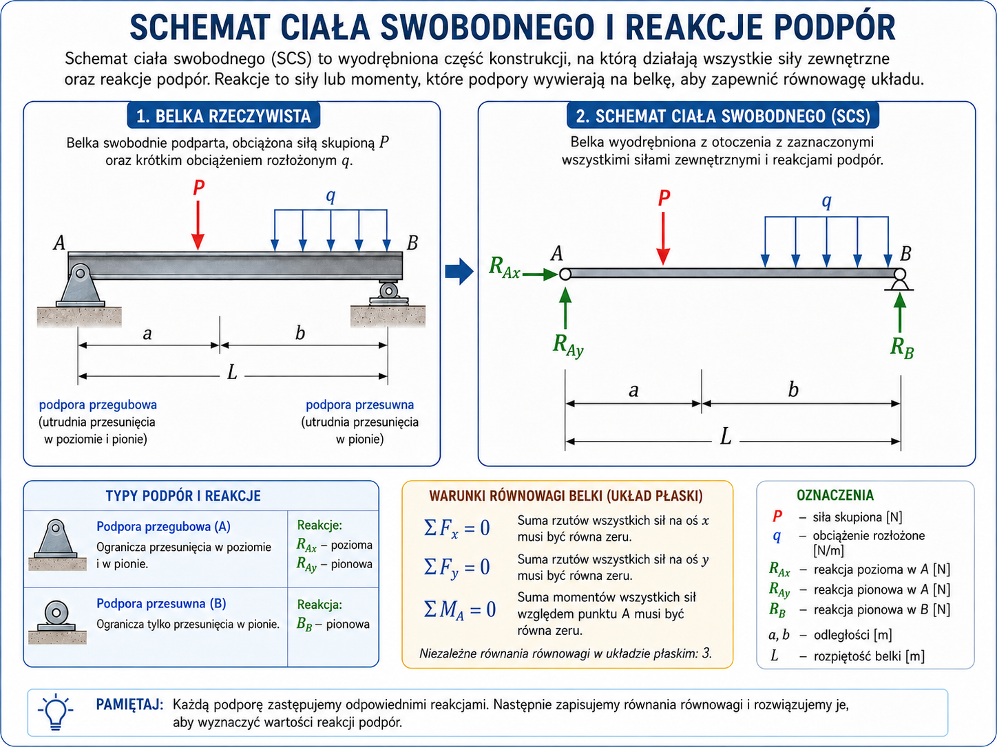Belka na podporze przegubowej i przesuwnej oraz jej schemat ciała swobodnego