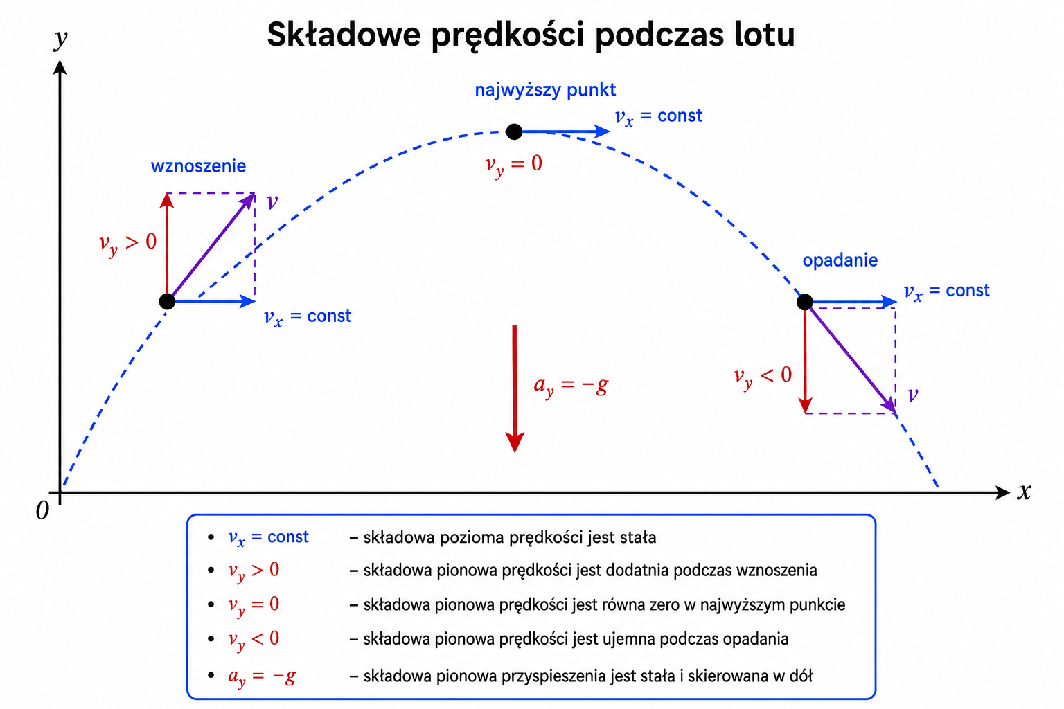 Składowe prędkości podczas wznoszenia, w najwyższym punkcie i podczas opadania w rzucie ukośnym