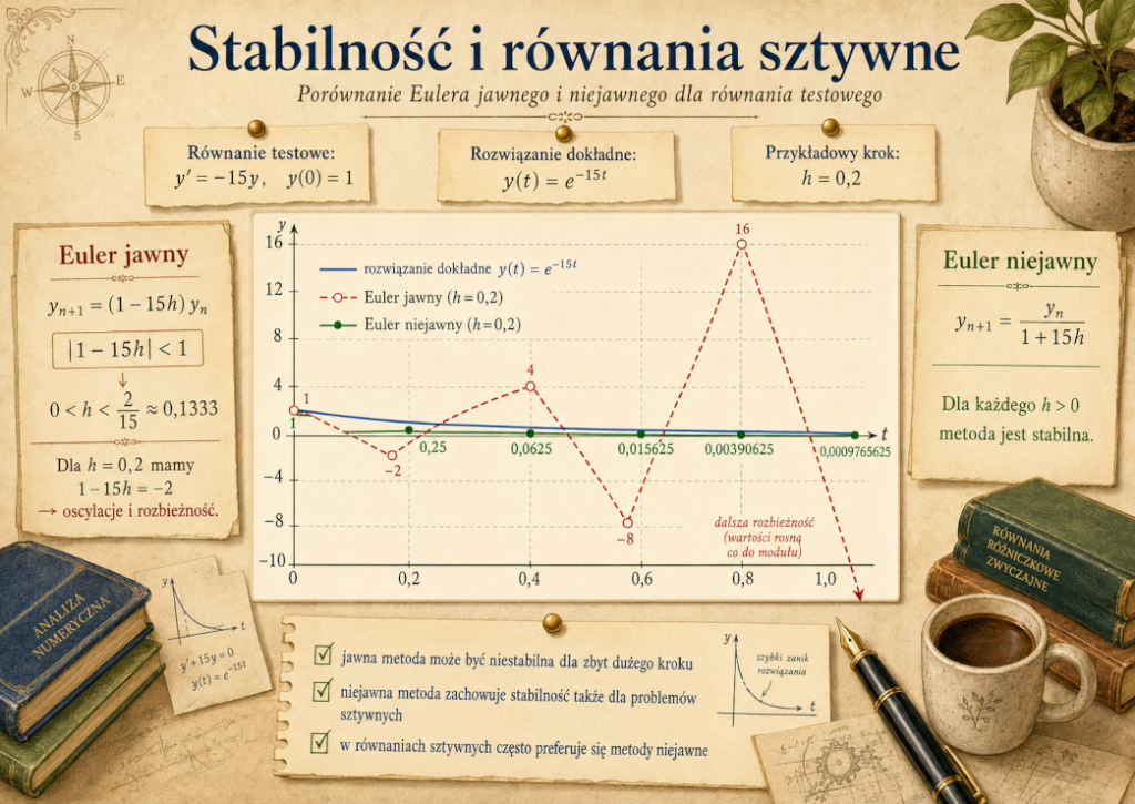 Porównanie niestabilnej jawnej i stabilnej niejawnej metody Eulera dla równania y=−15y przy kroku h=0,2.