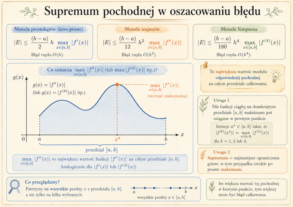 Infografika wyjaśniająca największą wartość modułu pochodnej na przedziale całkowania, występującą we wzorach na błędy metod prostokątów, trapezów i Simpsona.