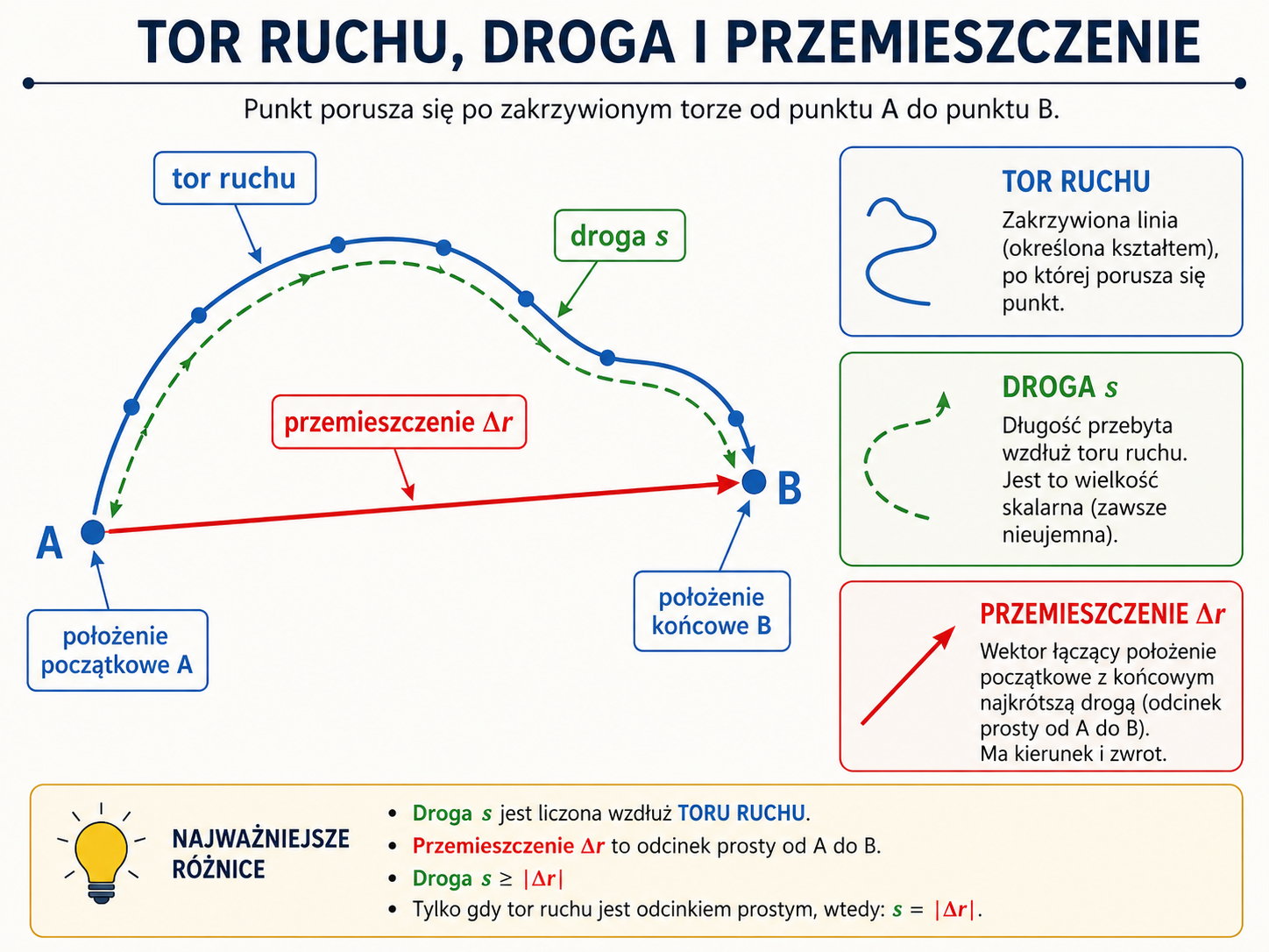 Punkt poruszający się po zakrzywionym torze od A do B z zaznaczoną drogą i wektorem przemieszczenia
