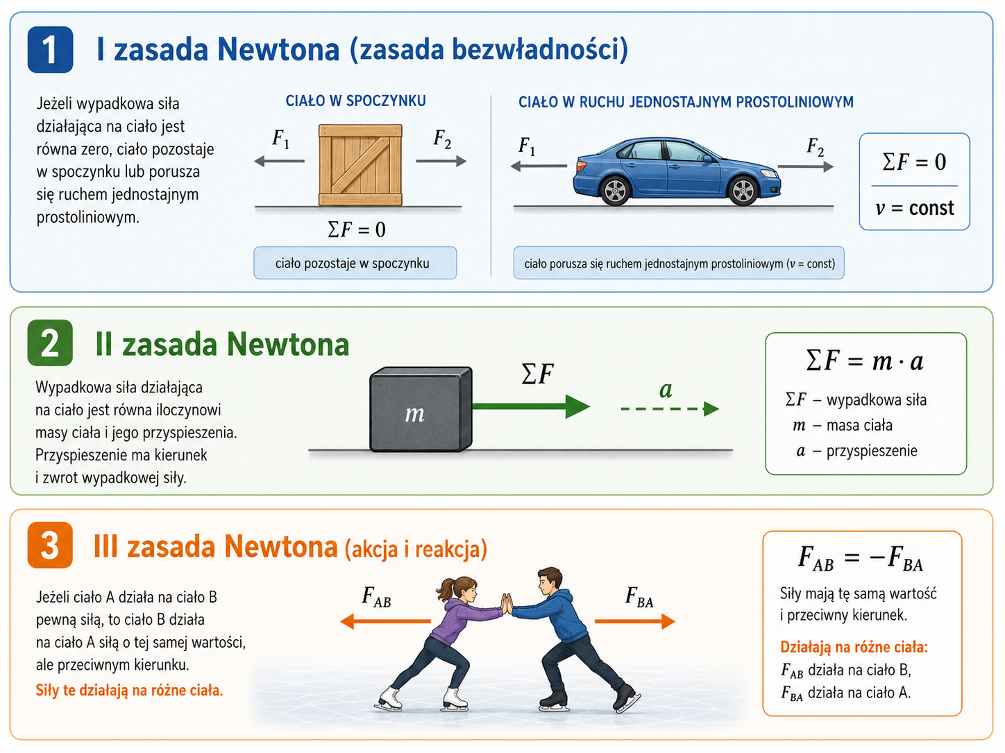 Infografika przedstawiająca pierwszą, drugą i trzecią zasadę Newtona