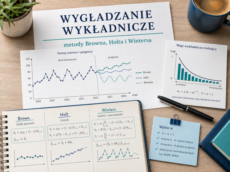 Grafika przedstawiająca wygładzanie wykładnicze oraz metody Browna, Holta i Wintersa