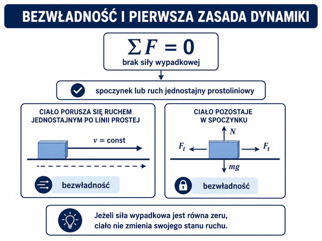 Infografika przedstawiająca pierwszą zasadę dynamiki Newtona i związek między zerową siłą wypadkową a spoczynkiem lub ruchem jednostajnym prostoliniowym