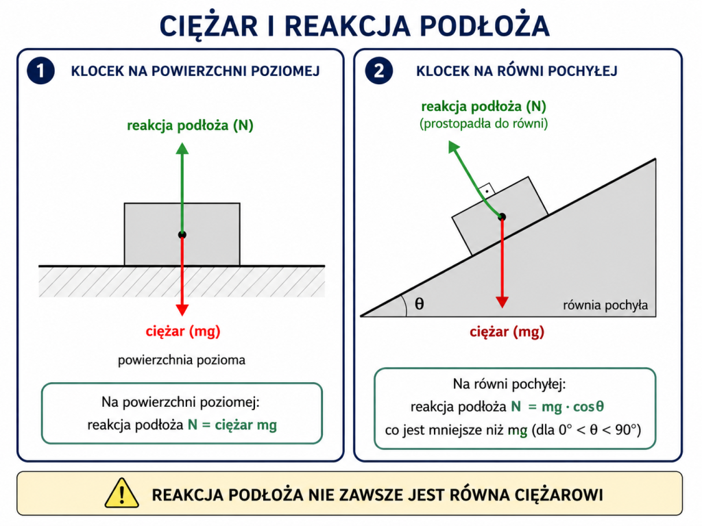 Infografika porównująca ciężar i reakcję podłoża dla klocka na powierzchni poziomej i na równi pochyłej