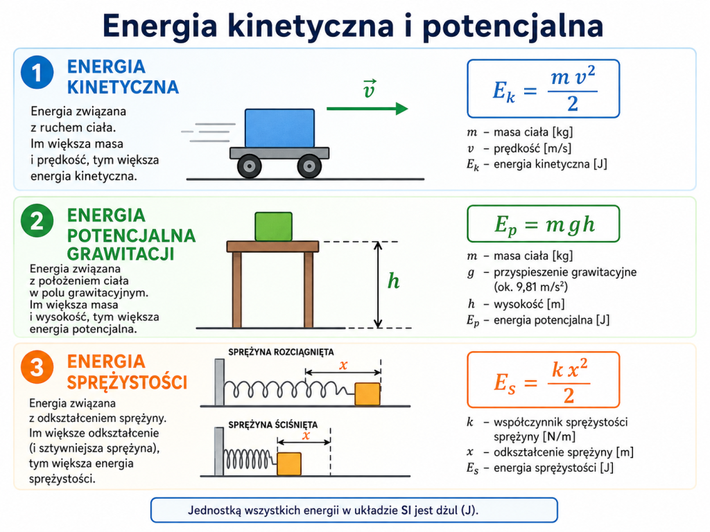 Infografika przedstawiająca energię kinetyczną, energię potencjalną grawitacji i energię sprężystości wraz z odpowiednimi wzorami
