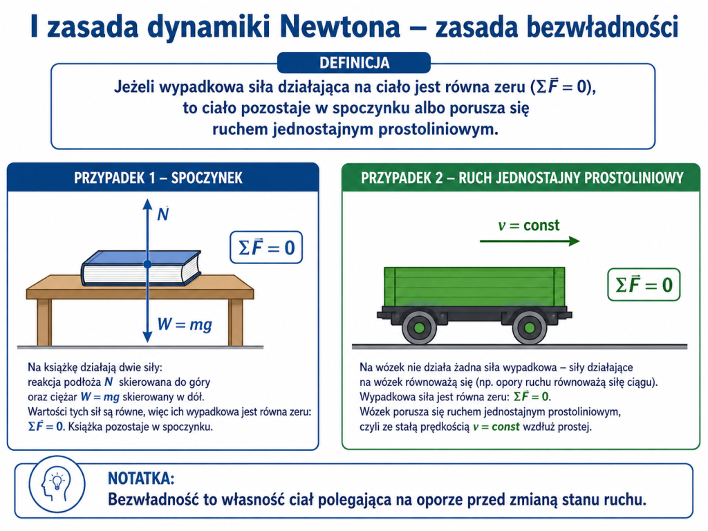 Infografika przedstawiająca pierwszą zasadę dynamiki Newtona dla ciała w spoczynku i poruszającego się ruchem jednostajnym prostoliniowym