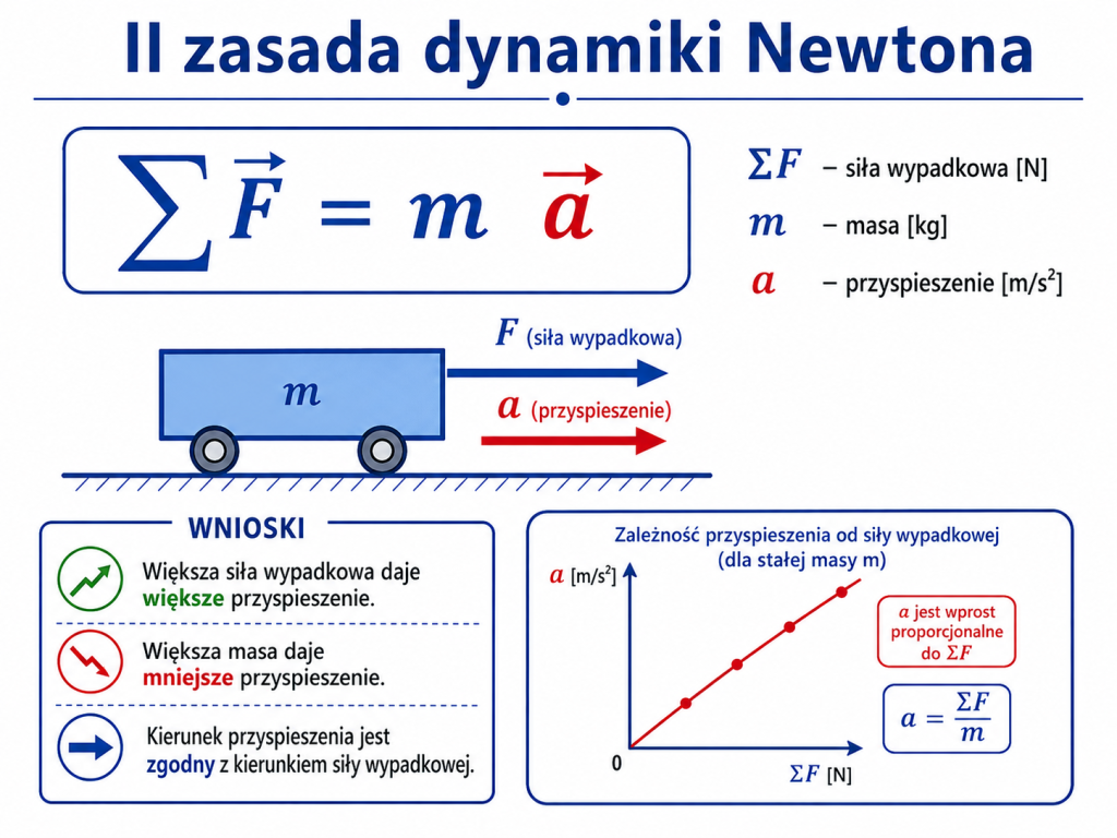 Infografika ilustrująca drugą zasadę dynamiki Newtona i zależność między siłą wypadkową, masą oraz przyspieszeniem