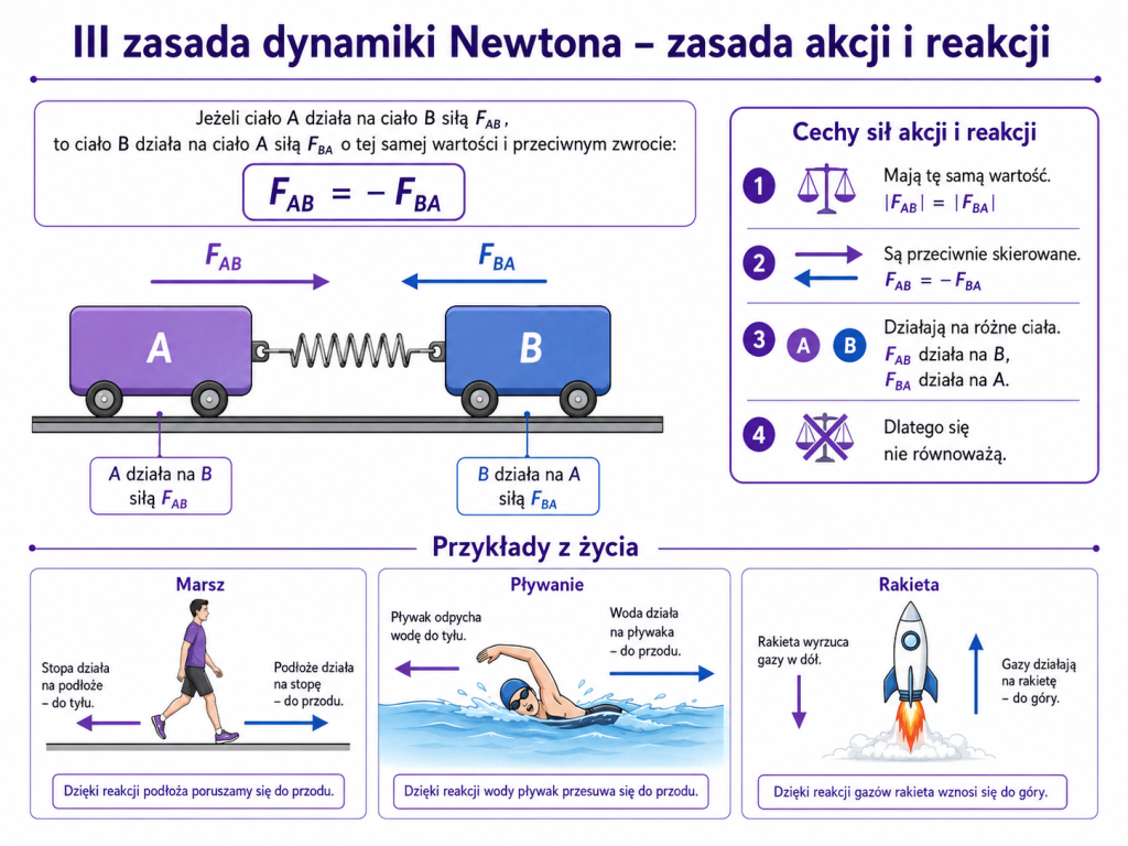 Infografika przedstawiająca trzecią zasadę dynamiki Newtona i pary sił akcji i reakcji działające na dwa różne ciała