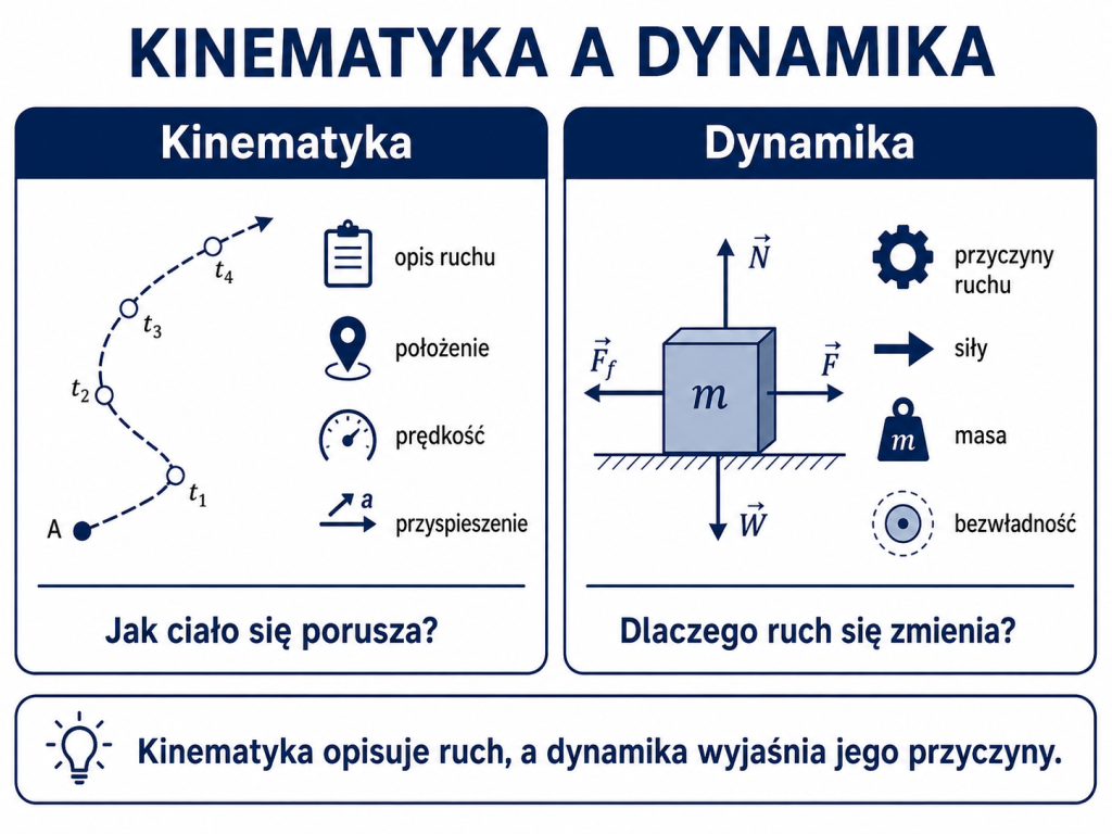Infografika porównująca kinematykę i dynamikę oraz pokazująca, że kinematyka opisuje ruch, a dynamika wyjaśnia jego przyczyny