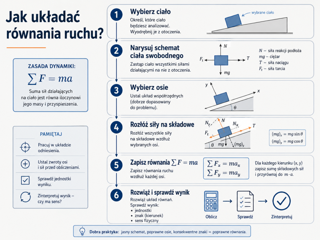 Schemat kolejnych kroków układania równań ruchu od wyboru ciała i diagramu sił do rozwiązania układu równań