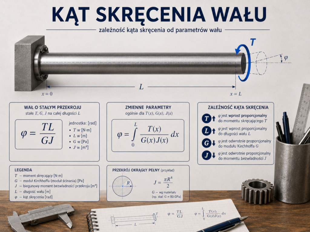 Zależność kąta skręcenia wału od momentu skręcającego, długości, modułu Kirchhoffa i momentu bezwładności