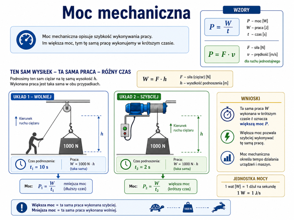 Infografika wyjaśniająca pojęcie mocy mechanicznej na przykładzie wykonania tej samej pracy w różnym czasie