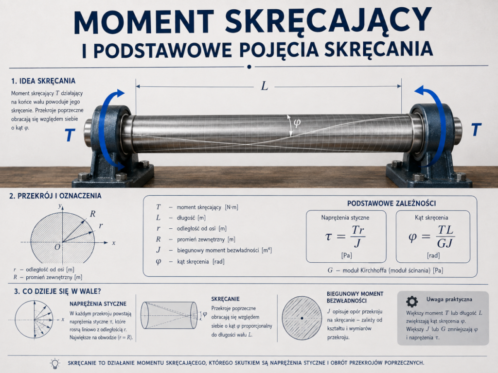 Wał obciążony momentem skręcającym oraz podstawowe wielkości opisujące skręcanie