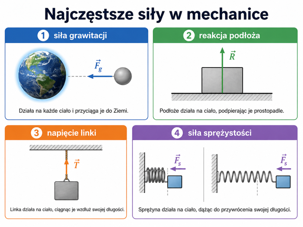 Infografika przedstawiająca siłę grawitacji, reakcję podłoża, napięcie linki i siłę sprężystości