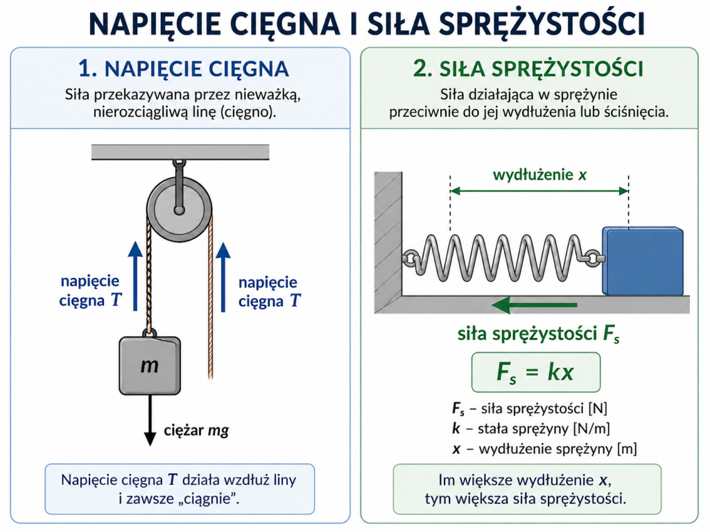 Infografika pokazująca napięcie cięgna w linie i siłę sprężystości działającą w sprężynie