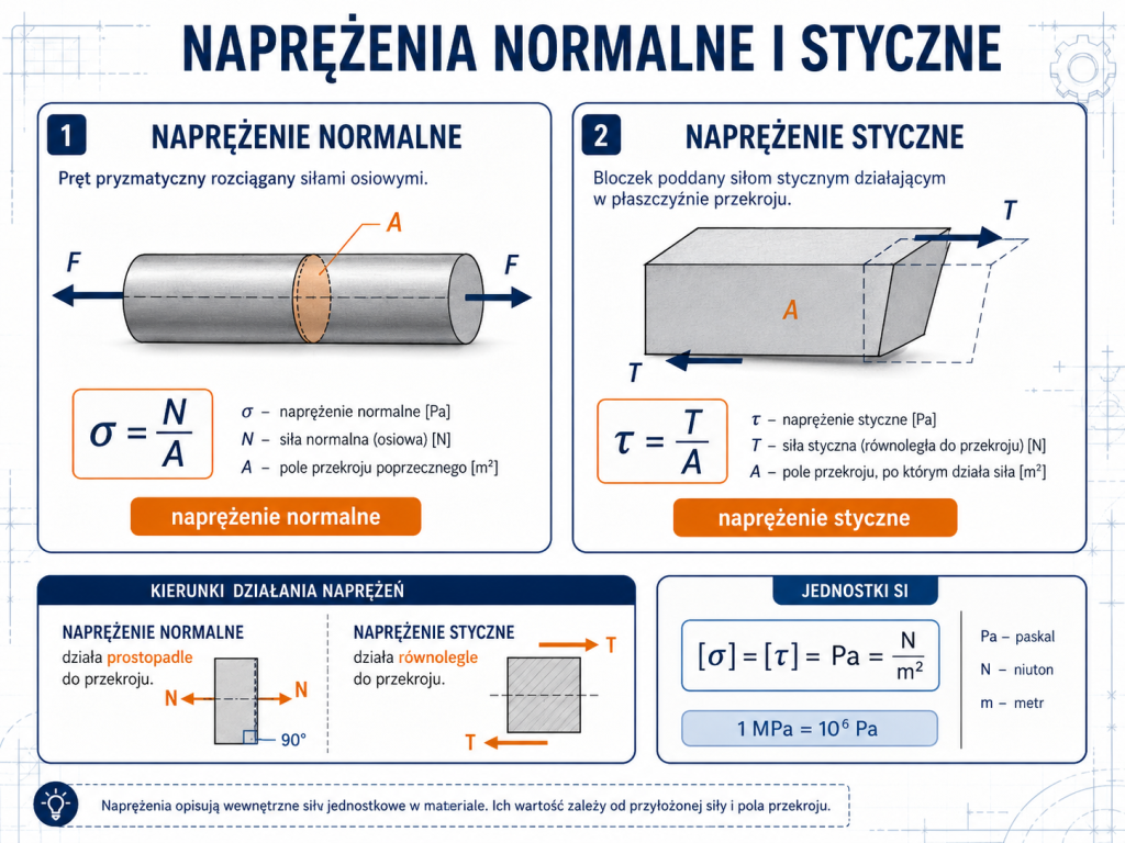 Porównanie naprężeń normalnych sigma i stycznych tau działających w przekroju elementu