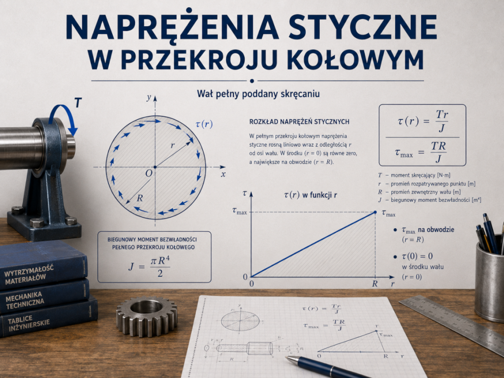 Rozkład naprężeń stycznych w pełnym przekroju kołowym wału poddanego skręcaniu