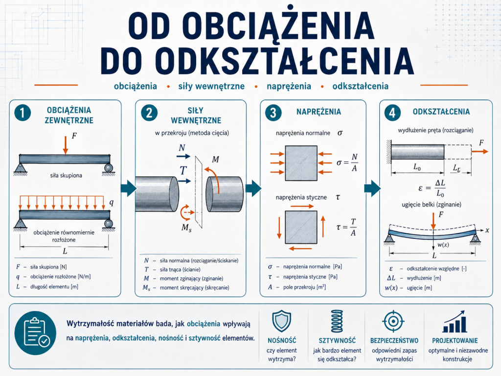 Schemat pokazujący przejście od obciążeń zewnętrznych przez siły wewnętrzne i naprężenia do odkształceń