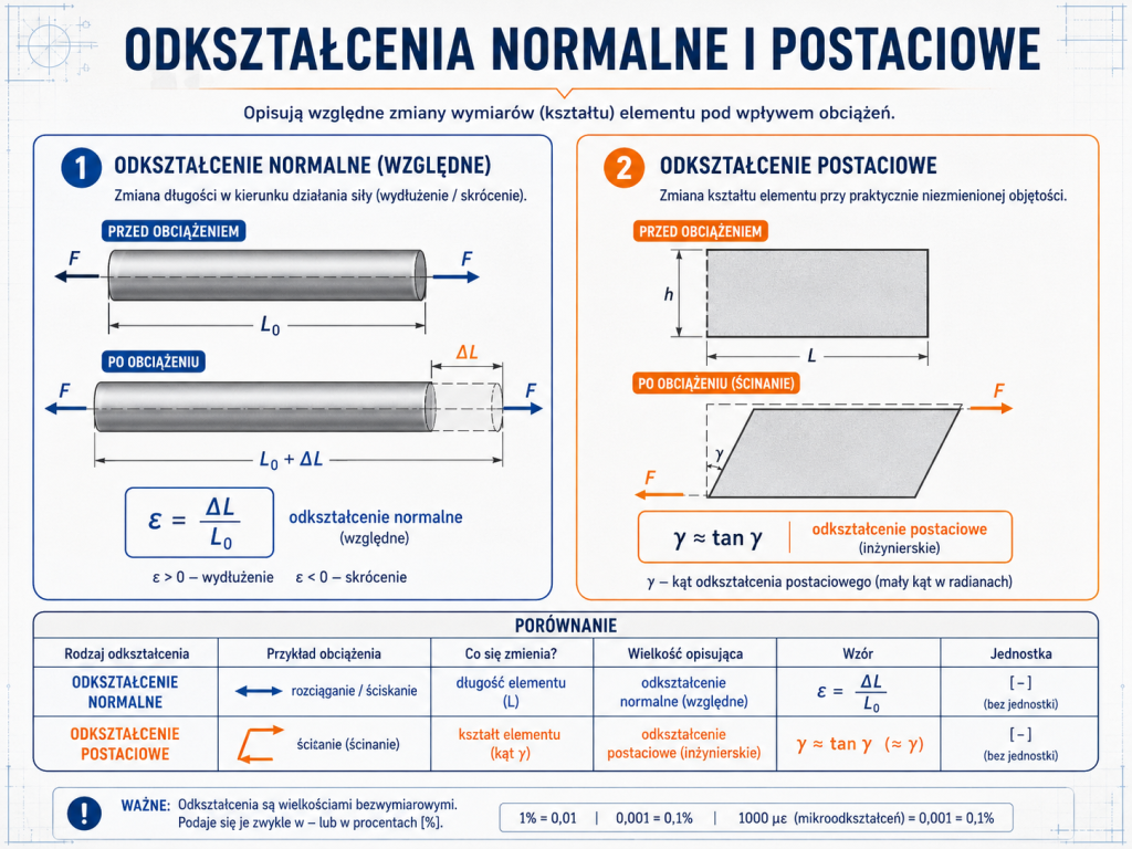 Porównanie odkształcenia normalnego epsilon i odkształcenia postaciowego gamma