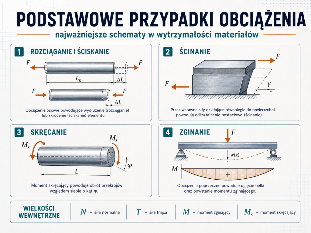 Rozciąganie i ściskanie, ścinanie, skręcanie oraz zginanie jako podstawowe przypadki obciążenia elementów