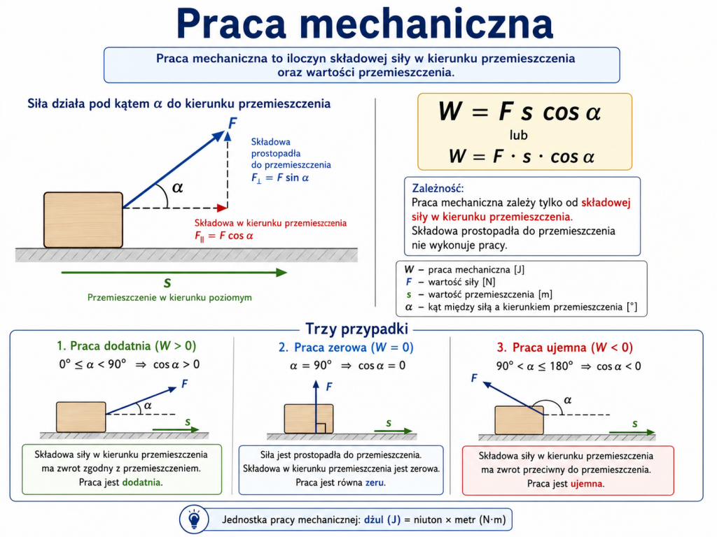 Infografika wyjaśniająca pracę mechaniczną, wzór W równa się F razy s razy cos alfa oraz przypadki pracy dodatniej, zerowej i ujemnej