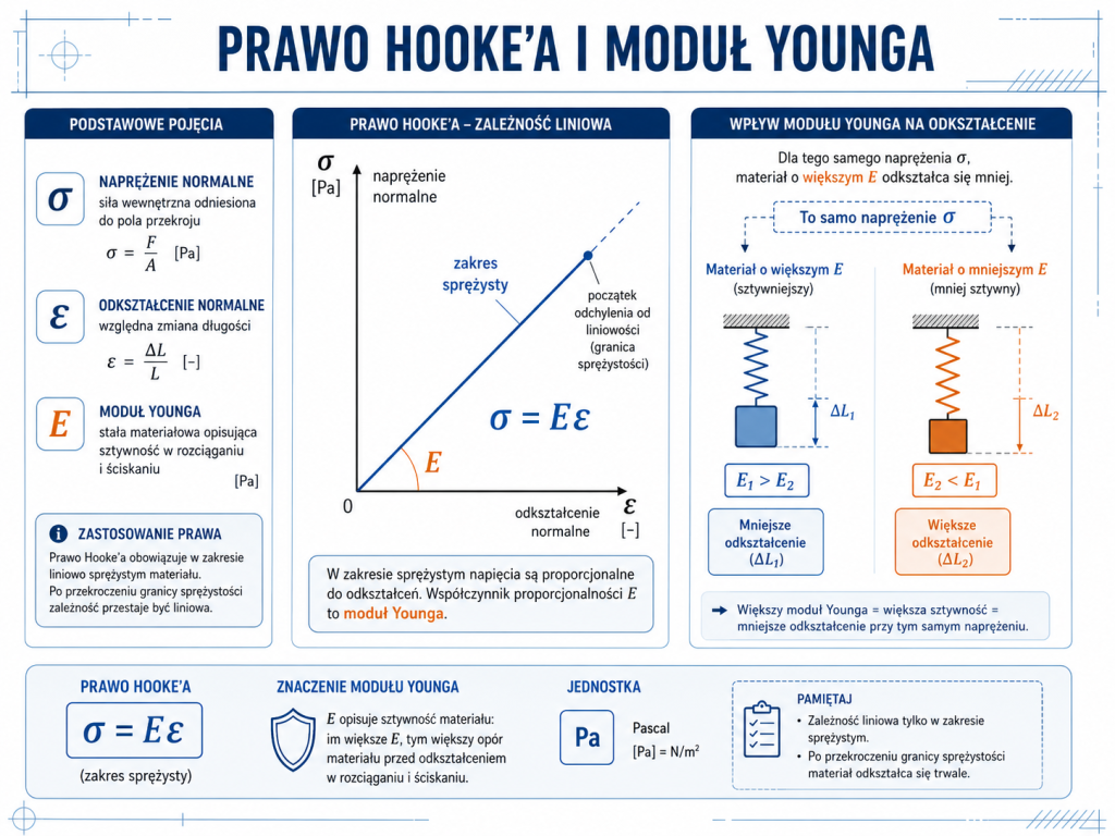 Prawo Hooke’a sigma równa się E razy epsilon oraz znaczenie modułu Younga