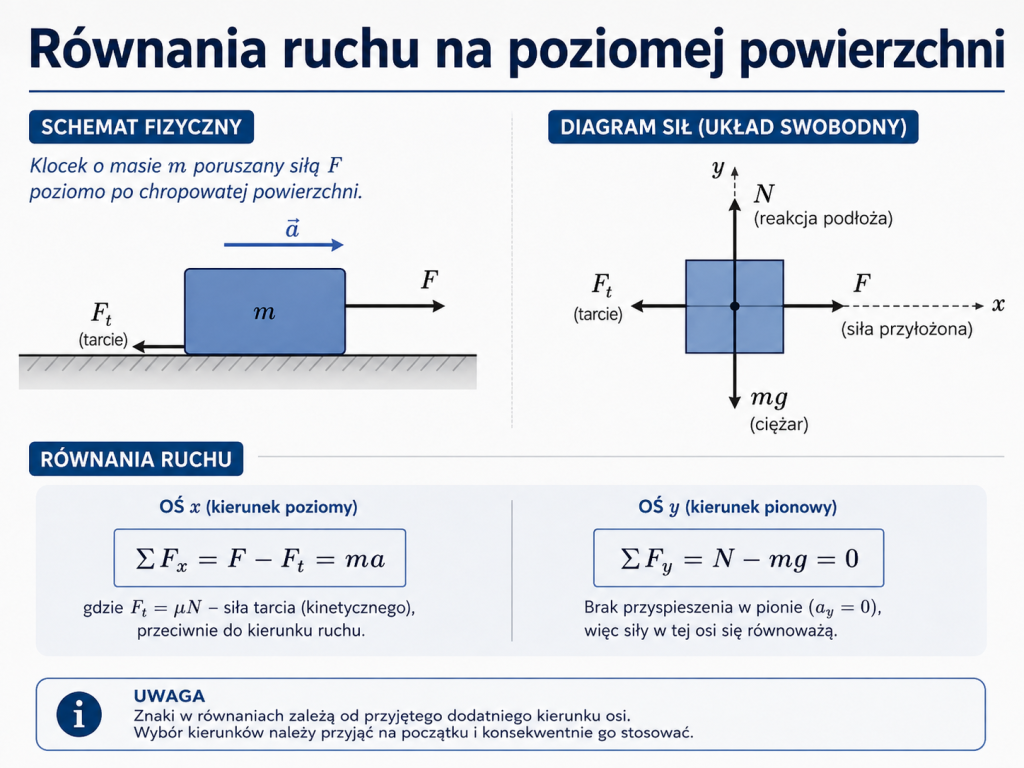 Klocek poruszany siłą po chropowatej poziomej powierzchni wraz z diagramem sił i równaniami ruchu