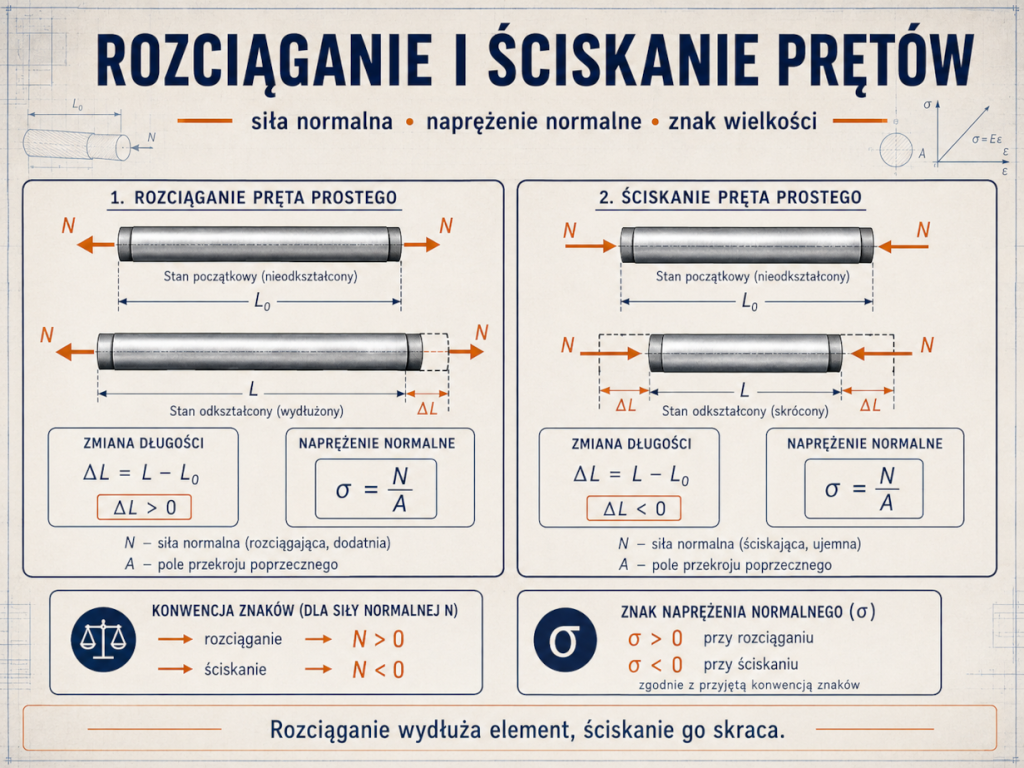 Porównanie rozciągania i ściskania pręta oraz znaków siły normalnej, naprężenia i zmiany długości