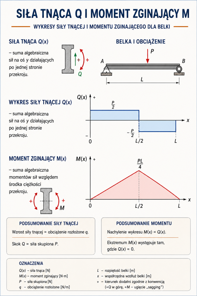 Wykres siły tnącej Q(x) i momentu zginającego M(x) dla belki swobodnie podpartej