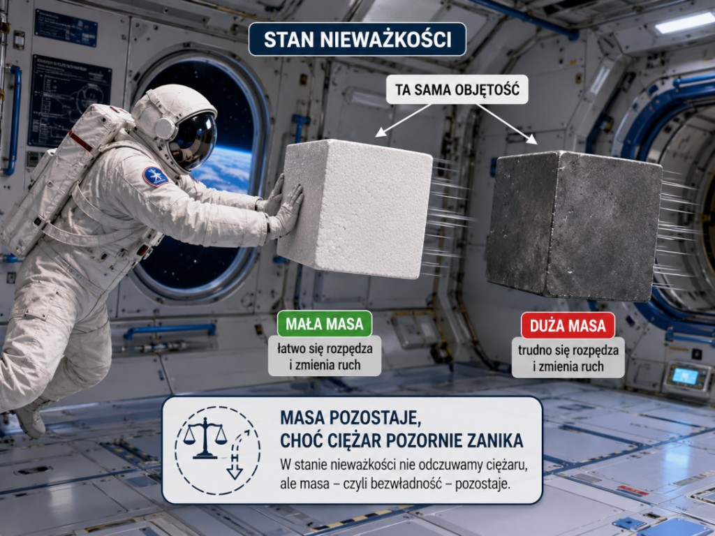 Astronauta w stanie nieważkości porównuje dwa bloki o tej samej objętości, ale różnej masie