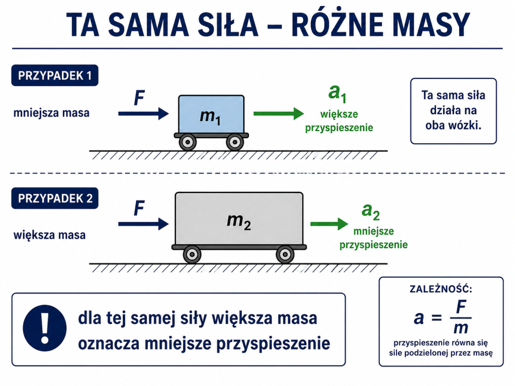 Infografika pokazująca, że dla tej samej siły mniejsza masa uzyskuje większe przyspieszenie, a większa masa mniejsze przyspieszenie