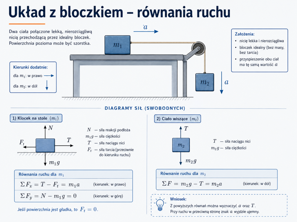 Układ dwóch ciał połączonych linką przez bloczek wraz z diagramami sił i równaniami ruchu