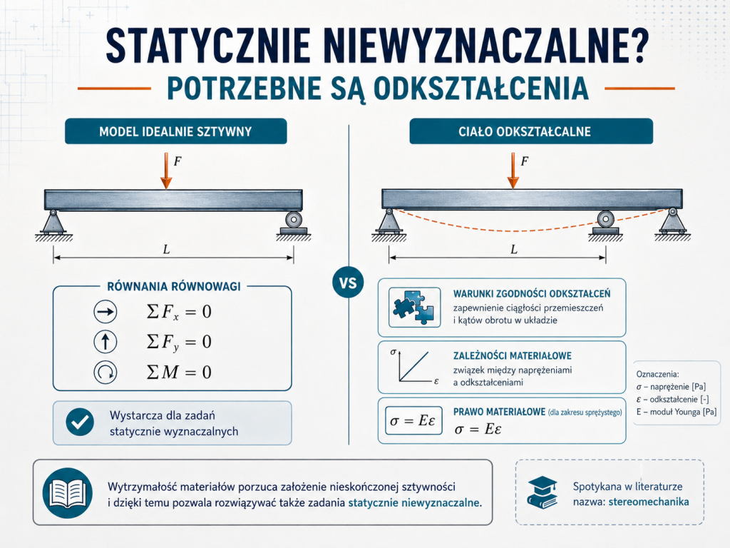 Porównanie układu statycznie wyznaczalnego i niewyznaczalnego z wykorzystaniem odkształceń i zależności materiałowych