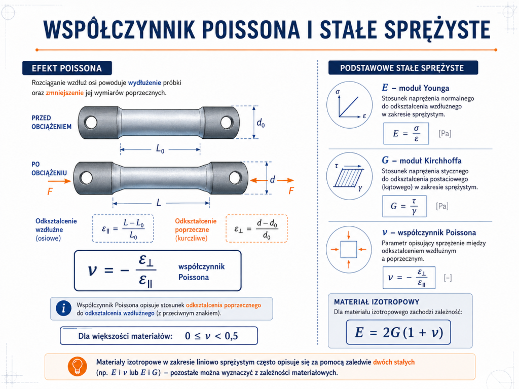 Współczynnik Poissona, moduł Younga i moduł Kirchhoffa dla materiału izotropowego
