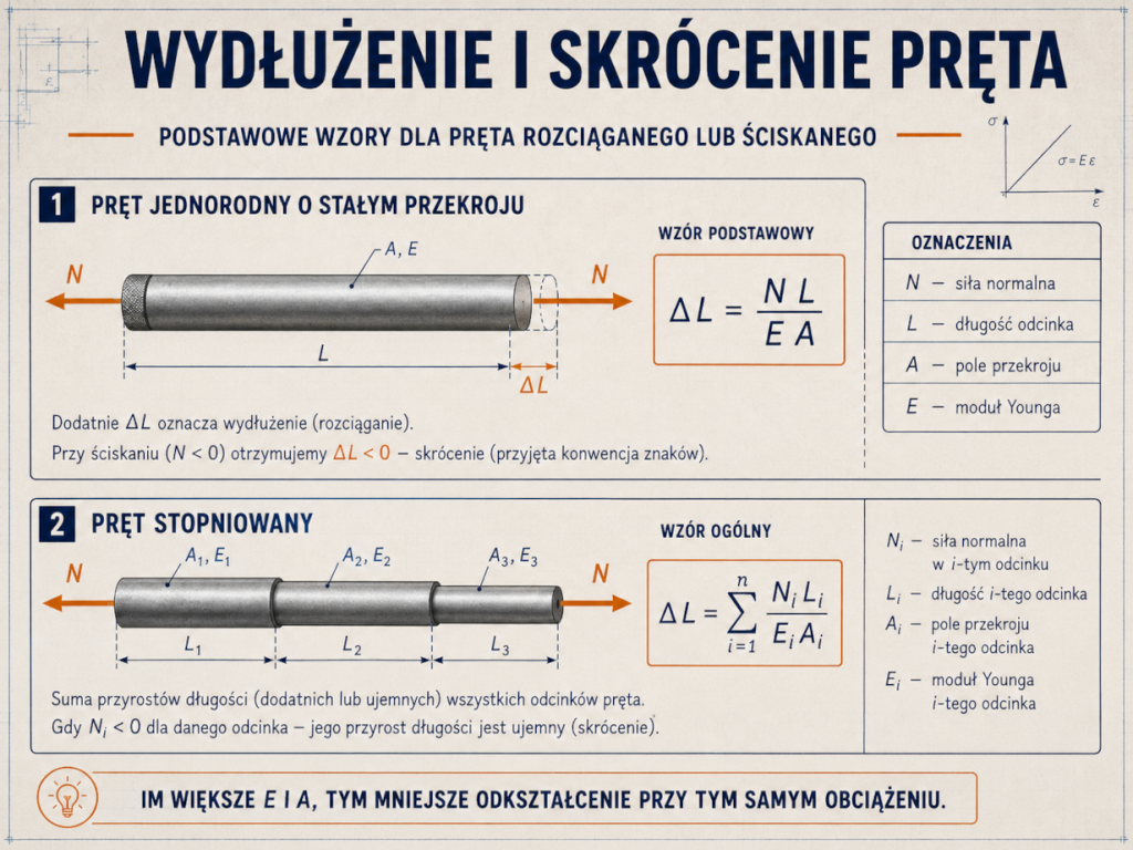 Wzór na wydłużenie pręta oraz suma odkształceń pręta stopniowanego