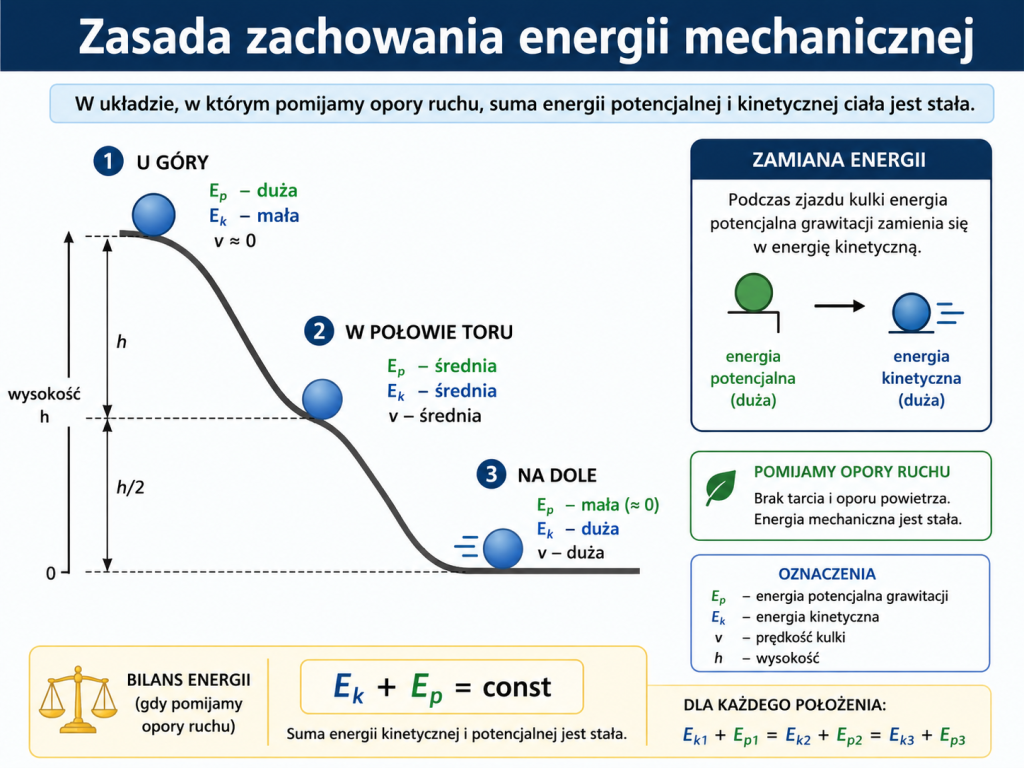 Infografika pokazująca zamianę energii potencjalnej w kinetyczną podczas zjazdu kulki po torze oraz zasadę zachowania energii mechanicznej