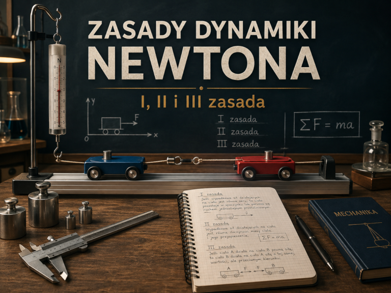 Stanowisko laboratoryjne z wózkami, dynamometrem i notatnikiem ilustrujące trzy zasady dynamiki Newtona
